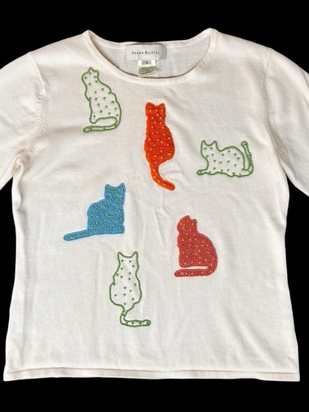 Vintage Susan Bristol Ivory Hand Embroidered Beaded Cat Sweater SMALL